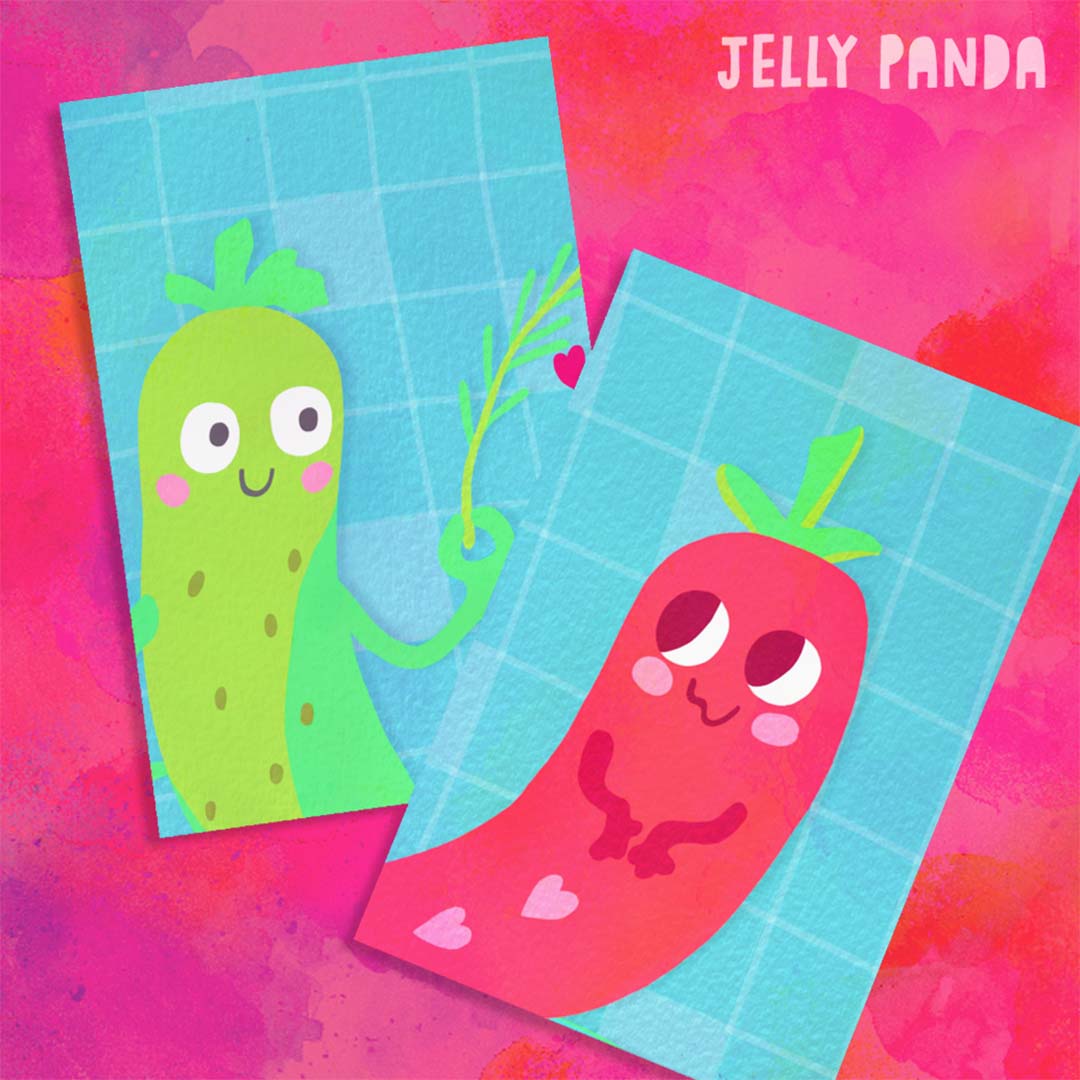 Love you cute greeting card. fun chilli pepper art print, fun love you pickle greeting card, pickle art print. Cute fun joyful colourful designs and Art prints by Jelly Panda. Vivid bright adorable kawaii art gifts. Valentine's day cute gifts, love day joyful greeting cards. London, UK Worldwide. Doodle Bunny studio. Cute Art school for curious kids.