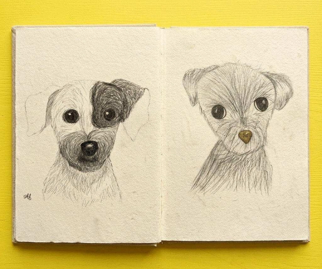 Open notebook with pencil drawings of two dogs on a yellow background. puppy artwork, dog drawing pencil, doodle bunny studio. creative art classes uk