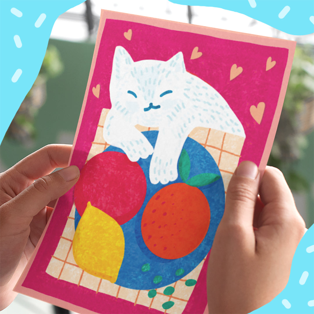 Cute cat greeting card. White cat adorable art print. Unique designer greeting card with cats. Doodle Bunny art studio. Art school for curious kids of any age. UK