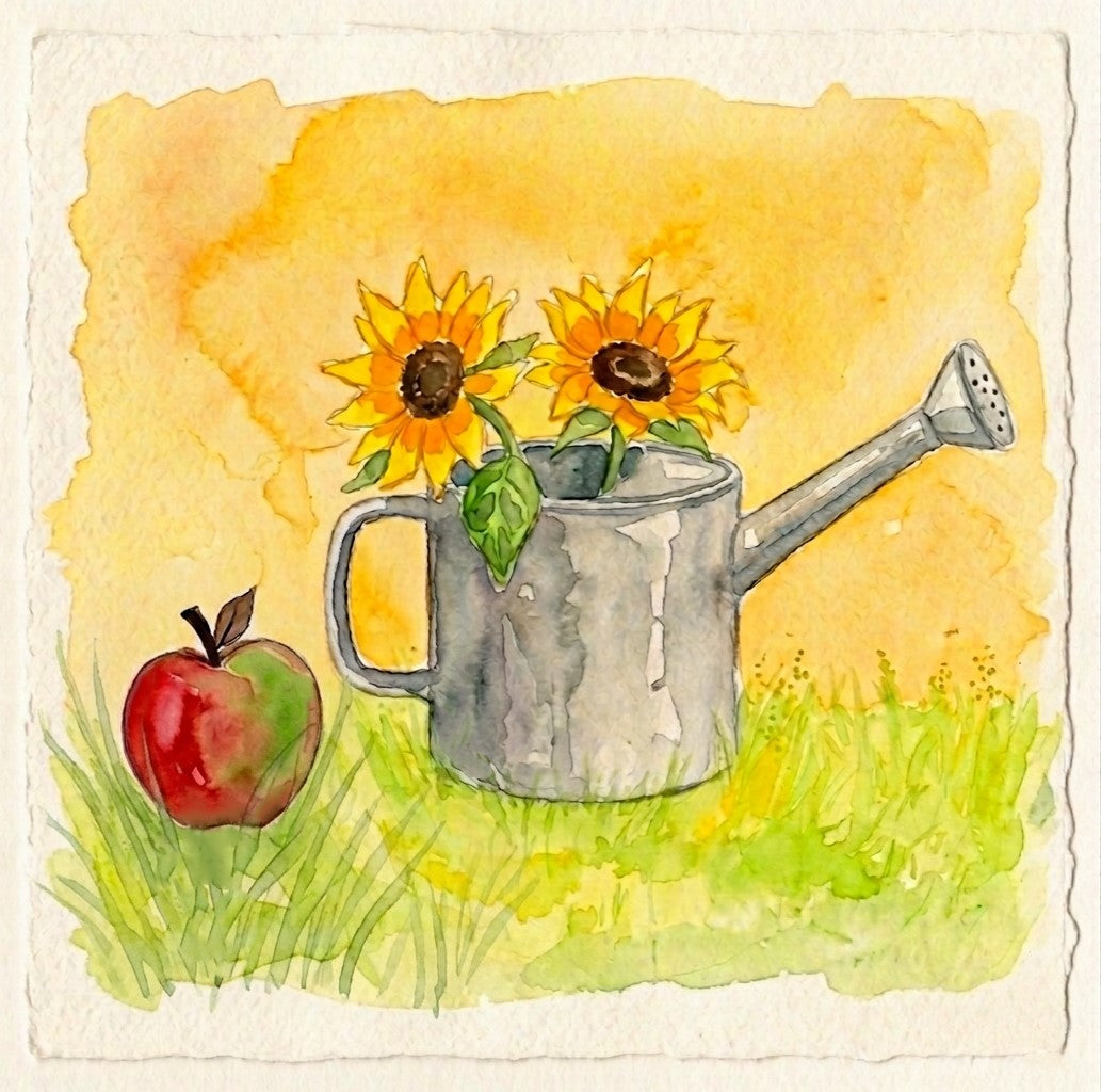 watercolour painting_=, water can and sunflowers, doodle bunny art studio creative painting classes